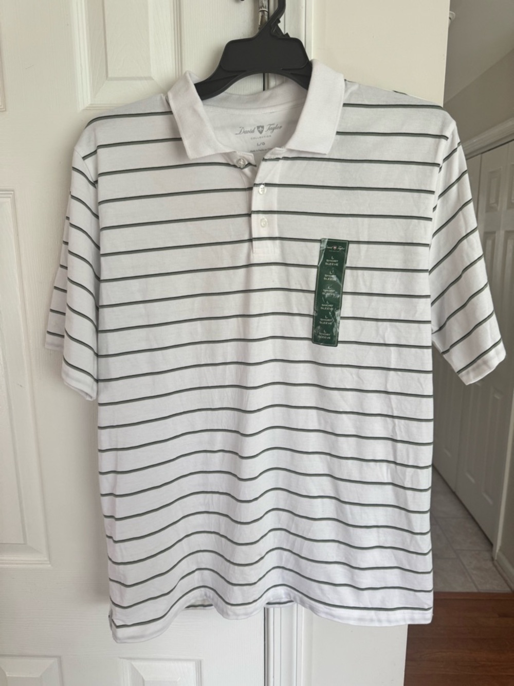 David Taylor Men's Large Polo Shirt NWT Striped White 60/40 Cotton Blend *STAINS